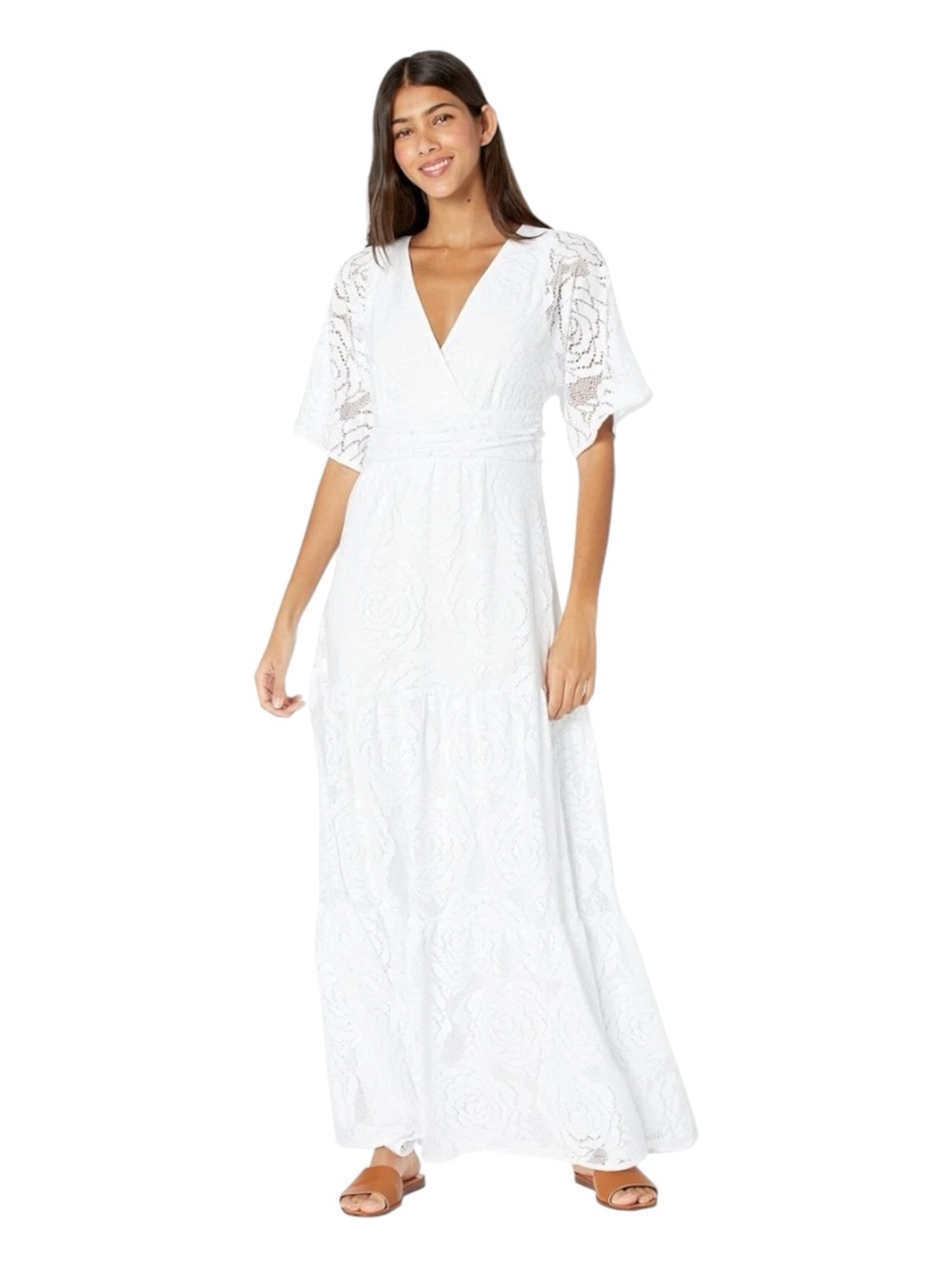 Lilly Pulitzer White Lace Tiered Floral Crochet Faux Wrap Maxi Dress Size Medium